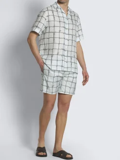 Outlet Brioni Aqua green and navy blue linen cuban shirt