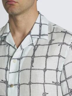 Outlet Brioni Aqua green and navy blue linen cuban shirt