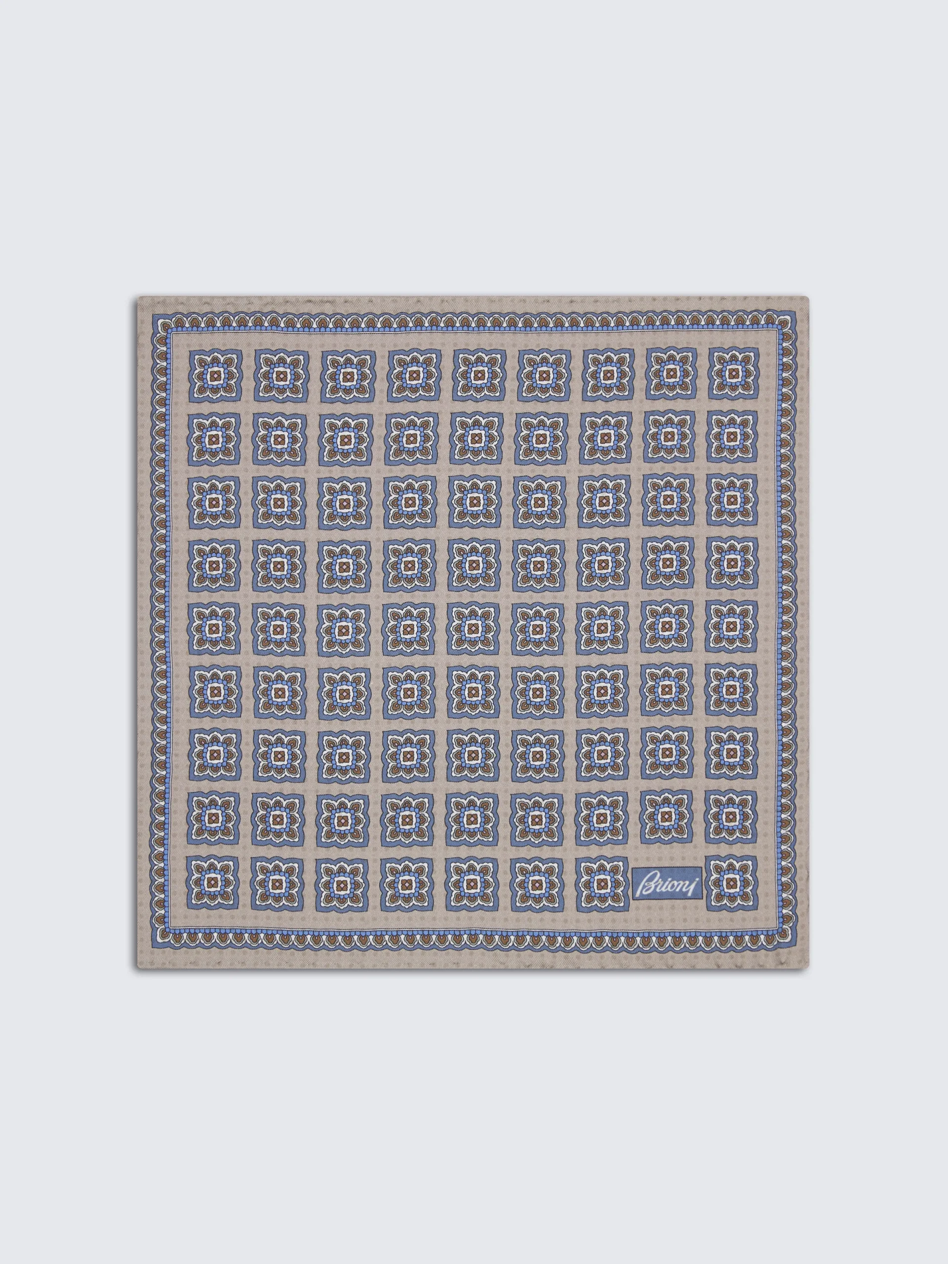 Discount Brioni and light blue motif silk pocket square Beige