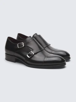 Outlet Brioni calf leather double monk Milano shoes Black