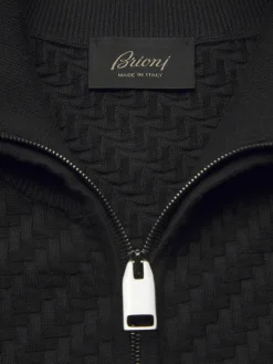 New Brioni organic cotton, silk and cashmere Trama weave full-zip sweater Black