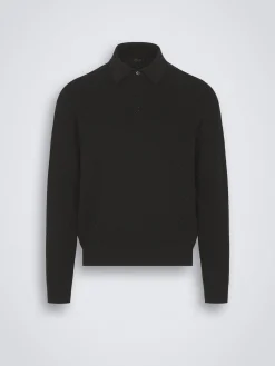 Hot Brioni organic cotton, silk and cashmere Trama weave polo sweater Black