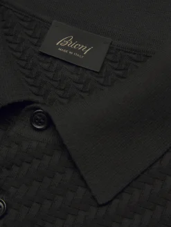 Hot Brioni organic cotton, silk and cashmere Trama weave polo sweater Black