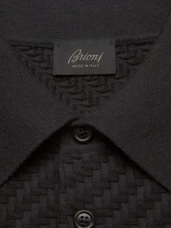 Clearance Brioni organic cotton, silk and cashmere Trama weave polo Black