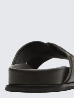 Fashion Brioni grained calf leather slide sandals Dark brown