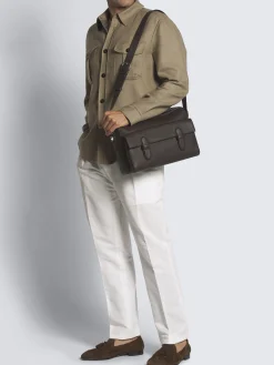 Online Brioni grained leather messenger bag Dark brown