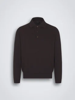 Discount Brioni Sea Island cotton and baby cashmere polo sweater Dark brown