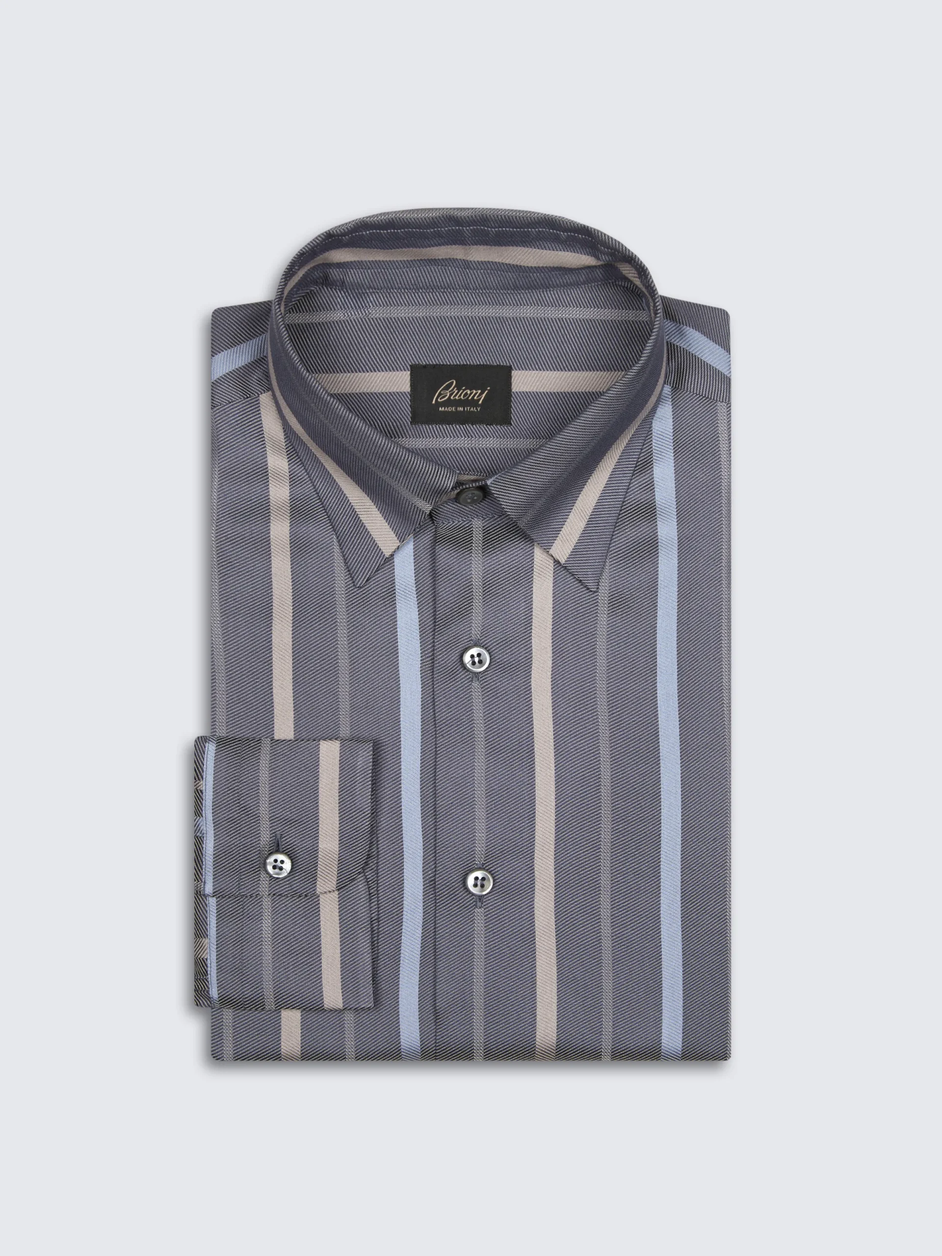 Best Brioni Dark grey, beige and sky blue striped silk hidden button-down shirt