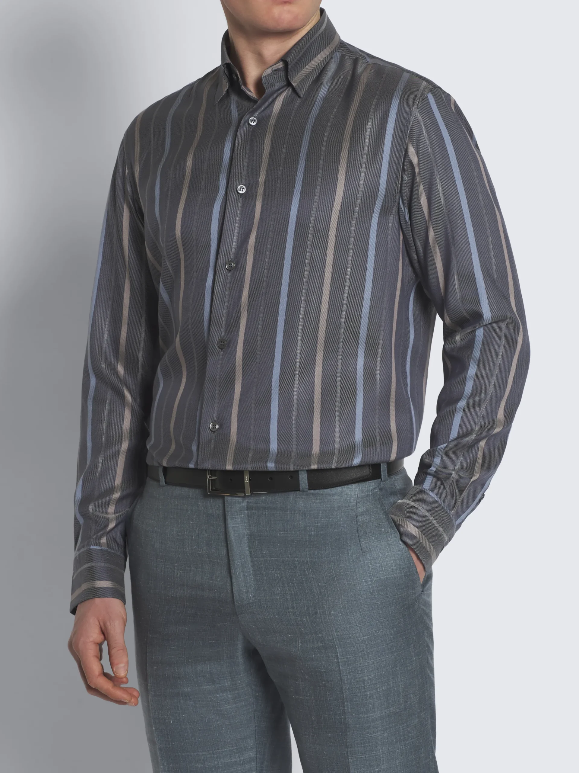 Best Brioni Dark grey, beige and sky blue striped silk hidden button-down shirt