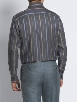Best Brioni Dark grey, beige and sky blue striped silk hidden button-down shirt