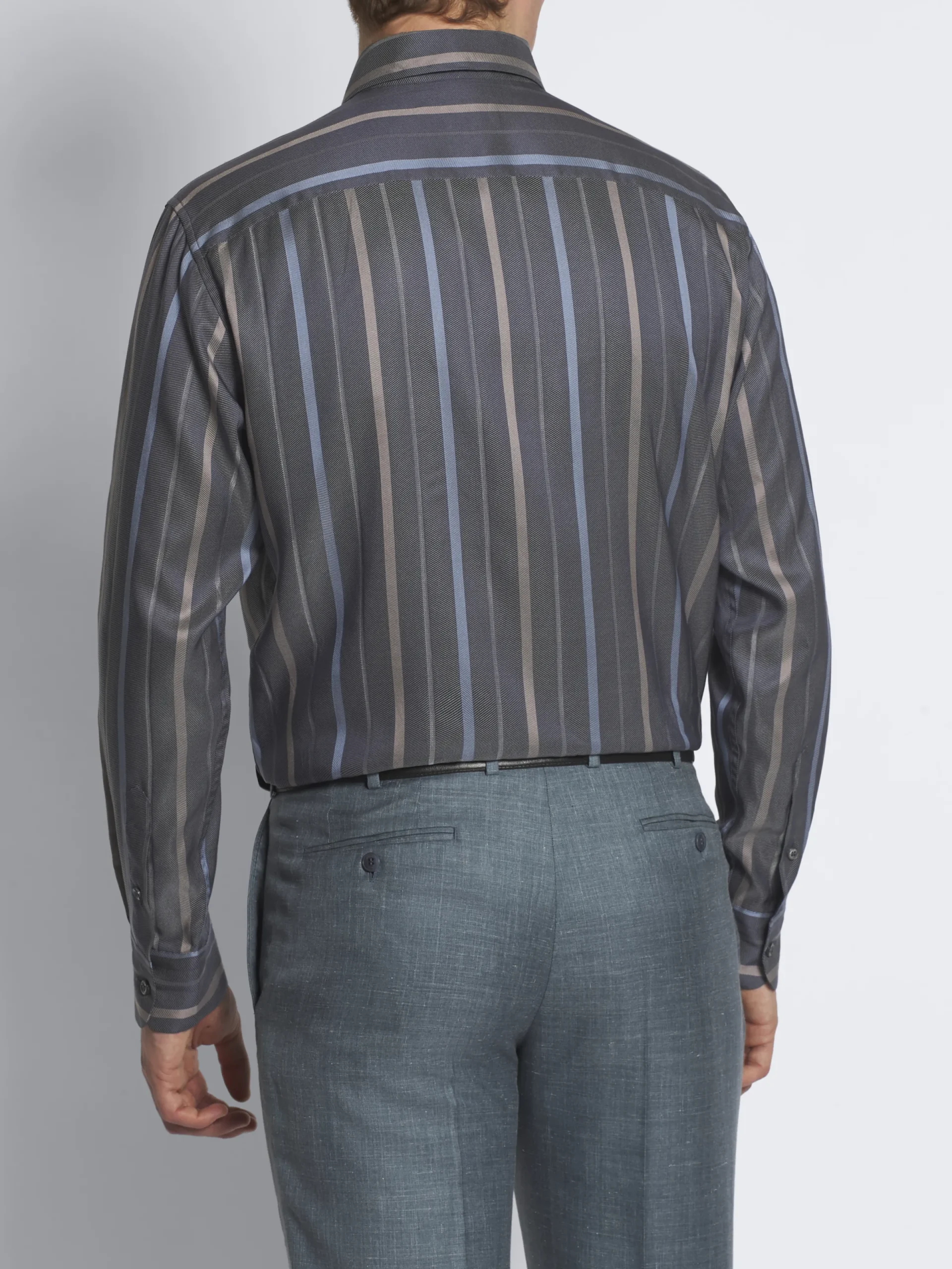 Best Brioni Dark grey, beige and sky blue striped silk hidden button-down shirt