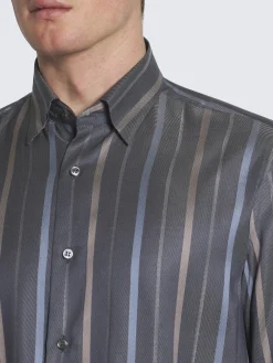 Best Brioni Dark grey, beige and sky blue striped silk hidden button-down shirt