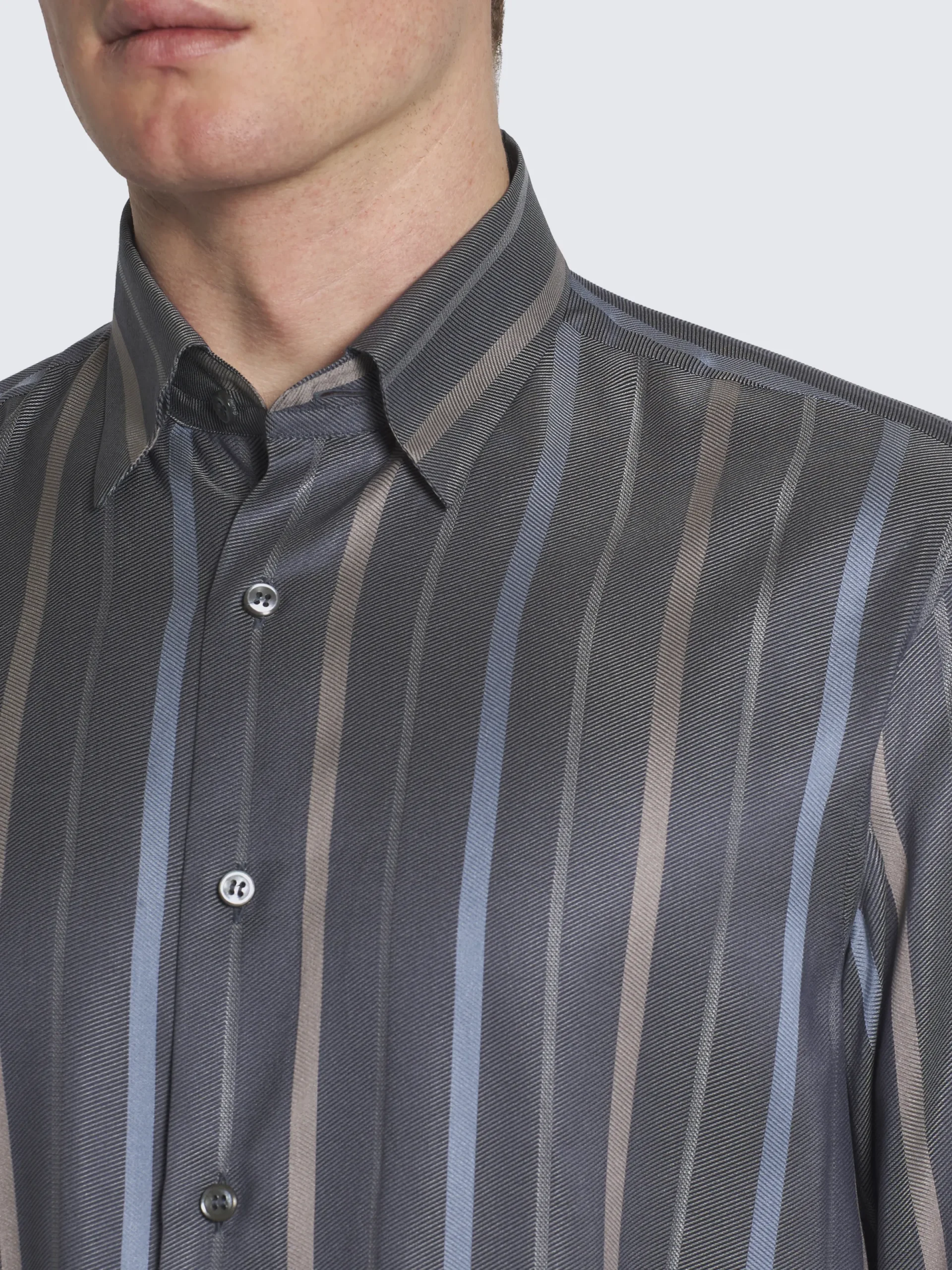 Best Brioni Dark grey, beige and sky blue striped silk hidden button-down shirt