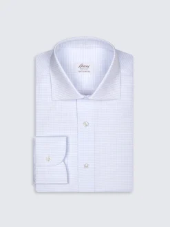 Fashion Brioni and white micro-checked Ventiquattro cotton formal shirt Light blue