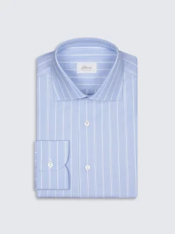 Outlet Brioni and white striped cotton piqué formal shirt Light blue