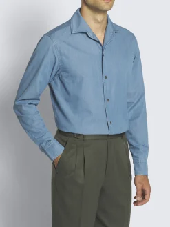 Sale Brioni cotton denim Capri collar shirt Light blue
