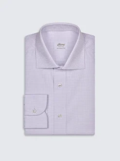 Outlet Brioni and white micro-checked Ventiquattro cotton formal shirt Lilac