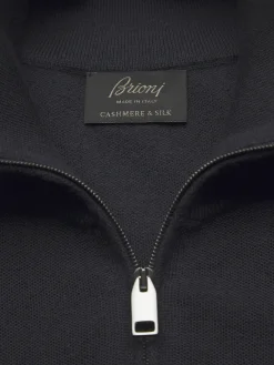 Discount Brioni cashmere and silk half-zip mockneck sweater Navy blue