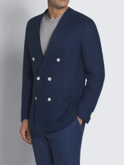 Best Brioni Navy blue linen, wool and silk double-breasted Jardigan