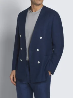 Best Brioni Navy blue linen, wool and silk double-breasted Jardigan
