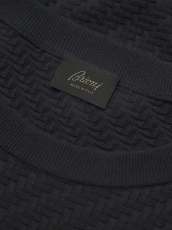 Best Brioni organic cotton, silk and cashmere Trama weave crewneck sweater Navy blue