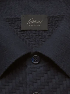Sale Brioni organic cotton, silk and cashmere Trama weave polo Navy blue
