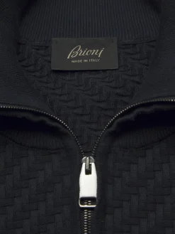 Outlet Brioni organic cotton, silk and cashmere Trama weave full-zip sweater Navy blue