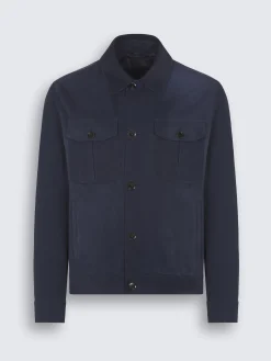 Discount Brioni suede and linen shirt collar blouson Navy blue