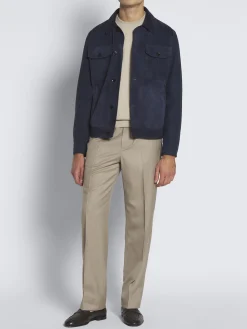 Discount Brioni suede and linen shirt collar blouson Navy blue