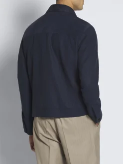Discount Brioni suede and linen shirt collar blouson Navy blue