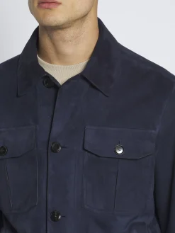 Discount Brioni suede and linen shirt collar blouson Navy blue