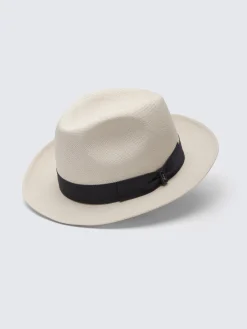 Outlet Brioni Panama hat with blue ribbon White
