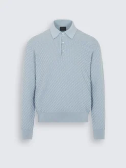 Best Brioni Sky blue cotton, silk and cashmere Trama weave long-sleeved polo