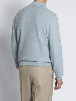 Best Brioni Sky blue cotton, silk and cashmere Trama weave long-sleeved polo