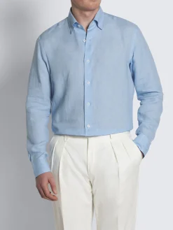Hot Brioni linen hidden button-down shirt Sky Blue