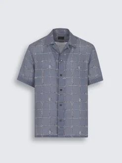 Fashion Brioni Steel blue and white linen cuban shirt