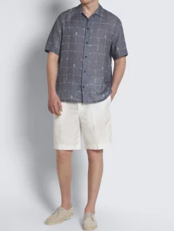 Fashion Brioni Steel blue and white linen cuban shirt