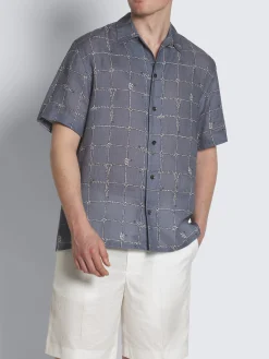 Fashion Brioni Steel blue and white linen cuban shirt