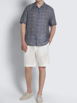 Fashion Brioni Steel blue and white linen cuban shirt