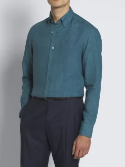Outlet Brioni linen hidden button-down shirt Teal green