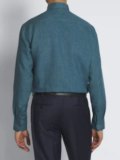 Outlet Brioni linen hidden button-down shirt Teal green