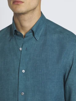 Outlet Brioni linen hidden button-down shirt Teal green