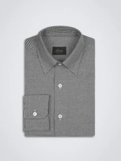 Outlet Brioni and black houndstooth Ventiquattro flannel cotton hidden button-down shirt White