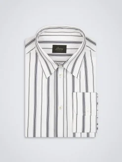 Hot Brioni White, navy blue and lead grey striped cotton shirt