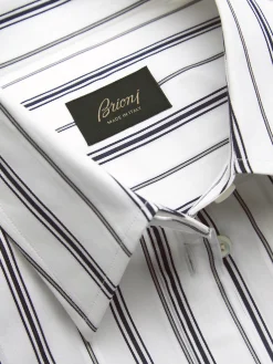 Hot Brioni White, navy blue and lead grey striped cotton shirt